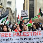 CHICAGO, ILLINOIS, USA - JANUARY 29: People march during a protest organized by Chicago Coalition for Justice in Palestine against the killing of 9 people in the Jenin refugee camp during an Israeli military operation as police take security measures on January 29, 202, in Chicago, Illinois, United States. On January 26th Israeli forces killed 9 Palestinians and wounded 20 in a raid on Jenin Refugee Camp of West Bank. ( Jacek Boczarski - Anadolu Agency )